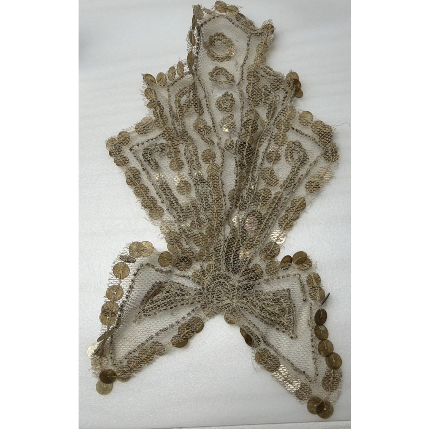 Antique Gold Sequined Tulle Lace Applique Bow Adornment As Is