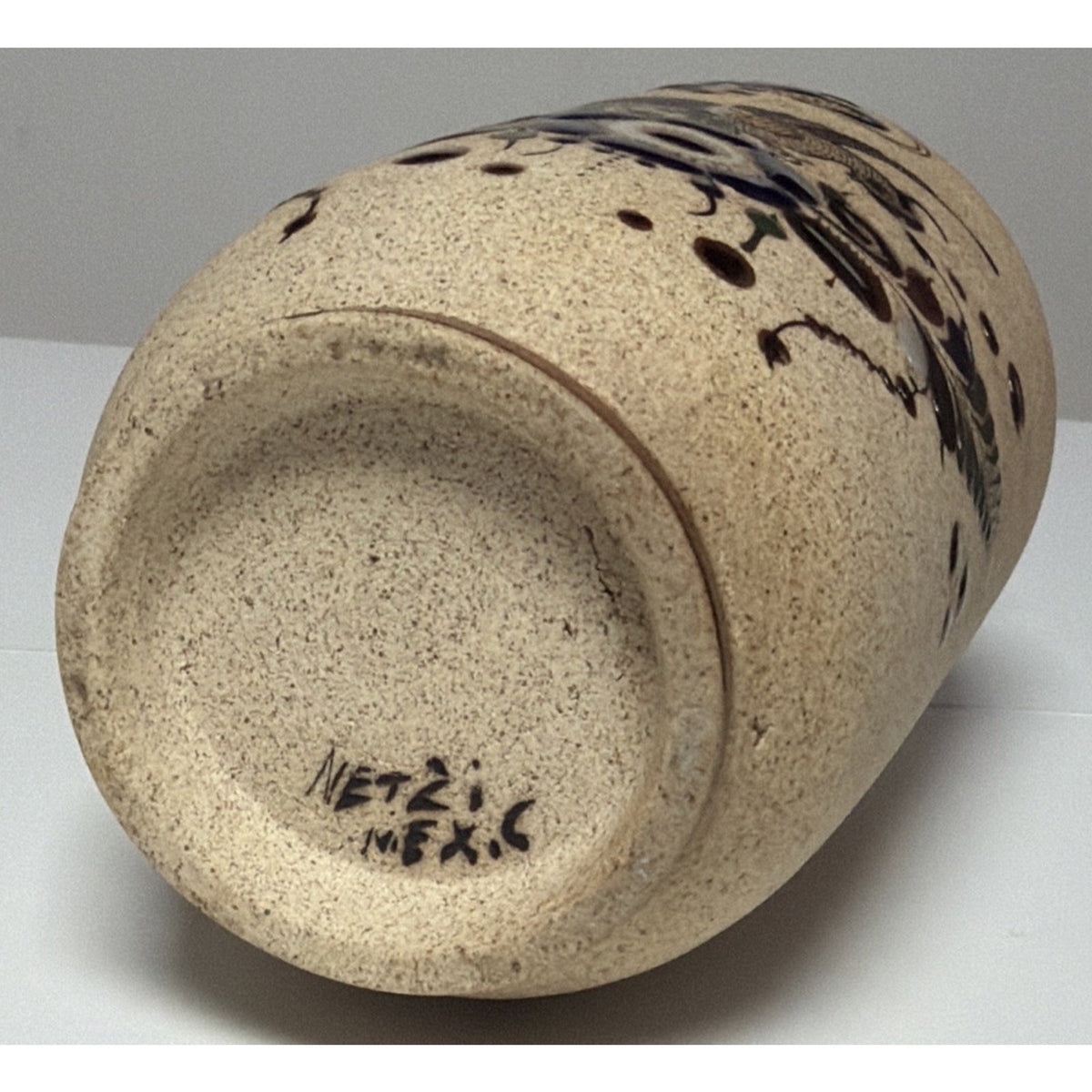 Vintage Tonala Folk Art Netzi Mexican Pottery Sandstone Vase Bird Flower Signed