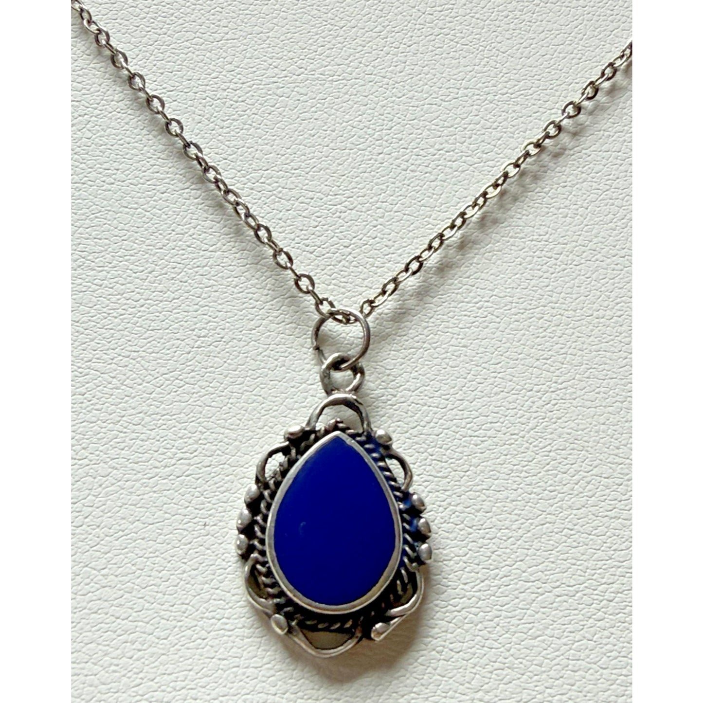 Vintage Sterling Silver Teardrop Pendant Necklace Blue Enamel As Is