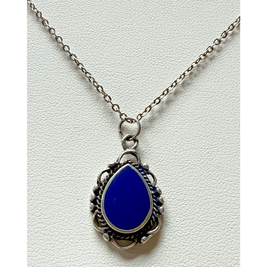 Vintage Sterling Silver Teardrop Pendant Necklace Blue Enamel As Is