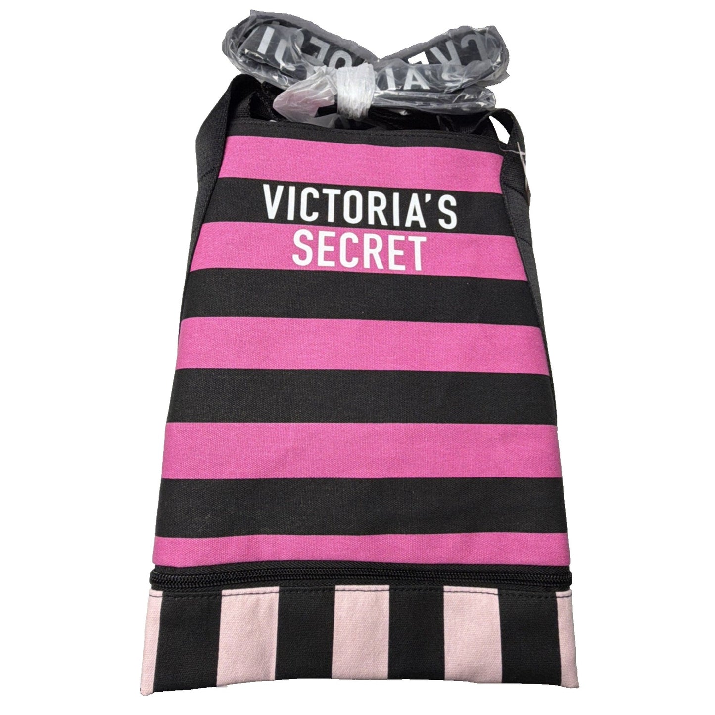 Victoria’s Secret Iconic Canvas Pink Black Striped Weekender Bag Tote Exandable