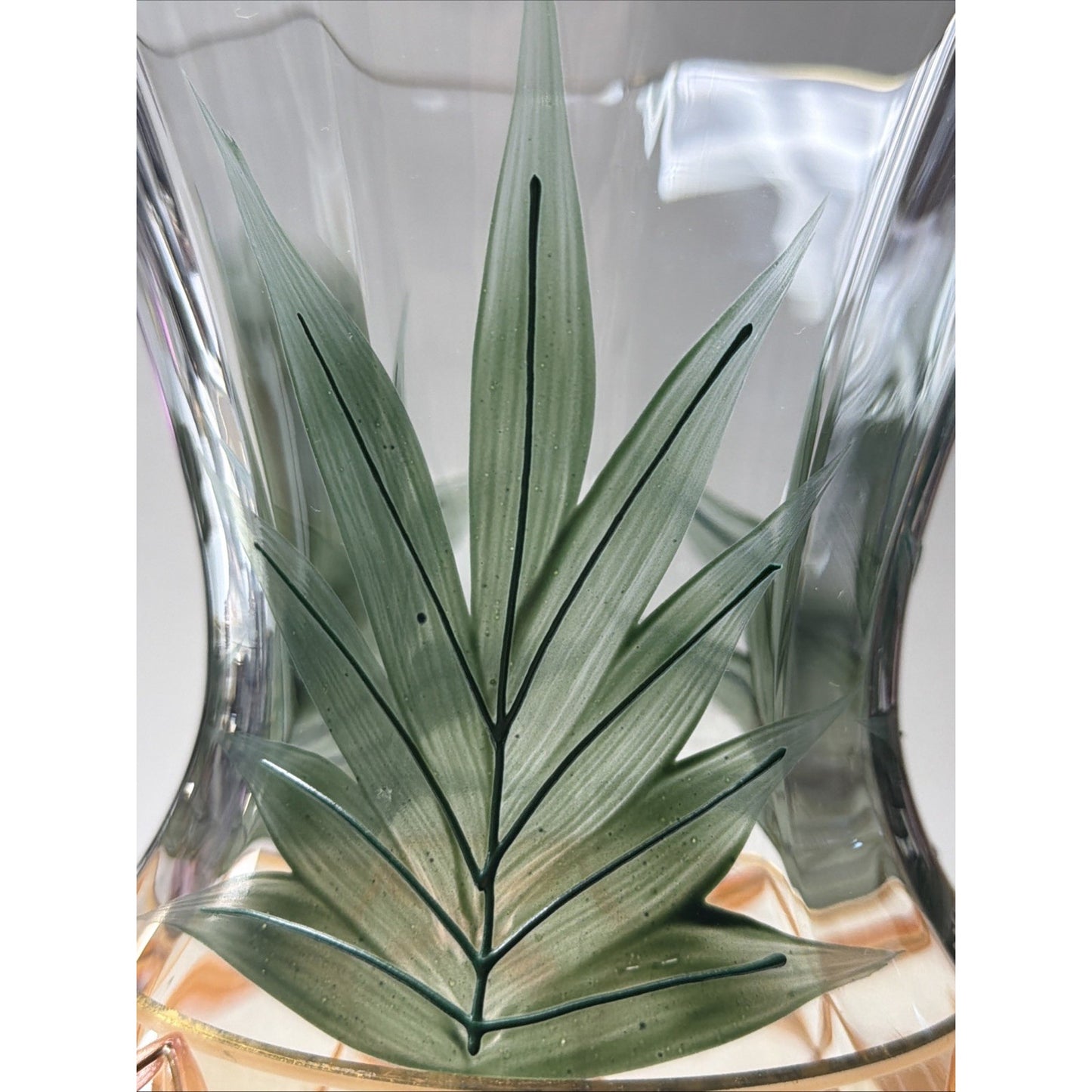 Romanian Crystal Pineapple Vase Gold Trim Green Palm Large Orange Crystal Clear