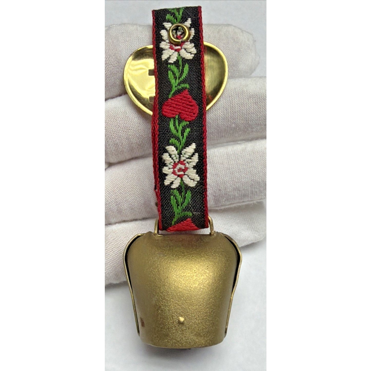 Vtg Metal Brass Colored Swiss Cowbell Cow Bell Embroidered Strap Floral Heart
