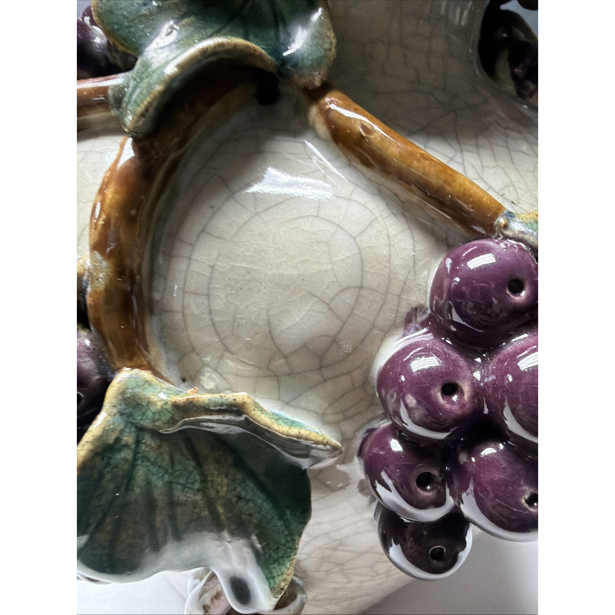 Old Majolica Pottery Chinese Crackle Glaze Rope Grapes Berries Leaves Vine As Is