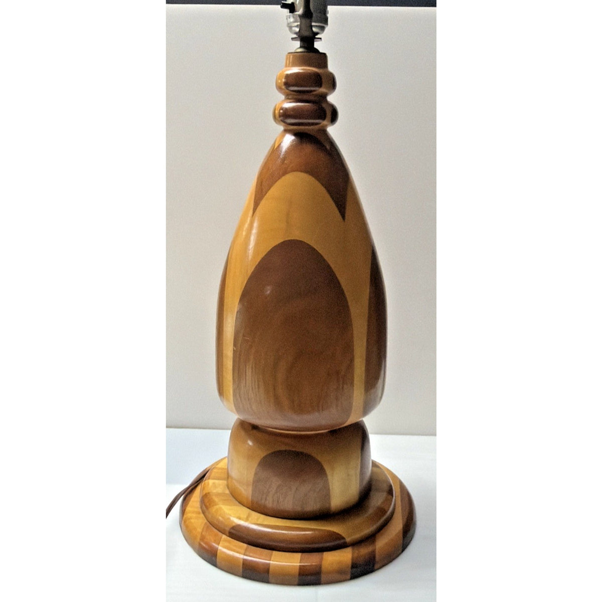 MCM Large Inlaid Wood Hand Turned Table Lamp Marquetry Parquetry No Shade