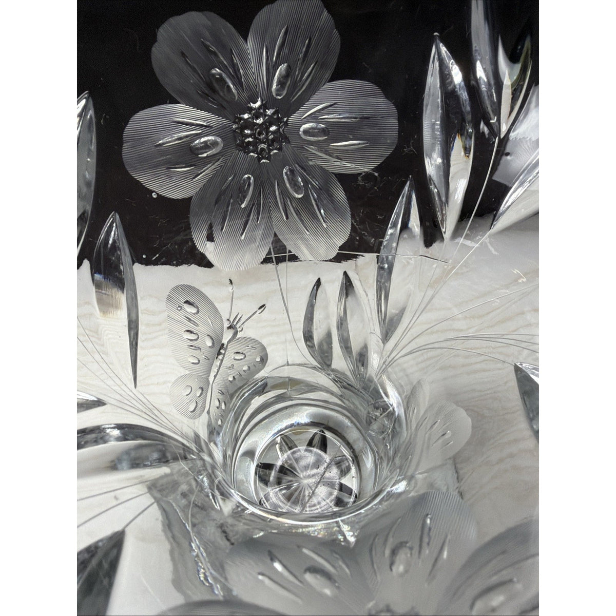 ABP Pairpoint Glass Cut Crystal Murillo Butterfly Daisy Vase Corset Trumpet Flar
