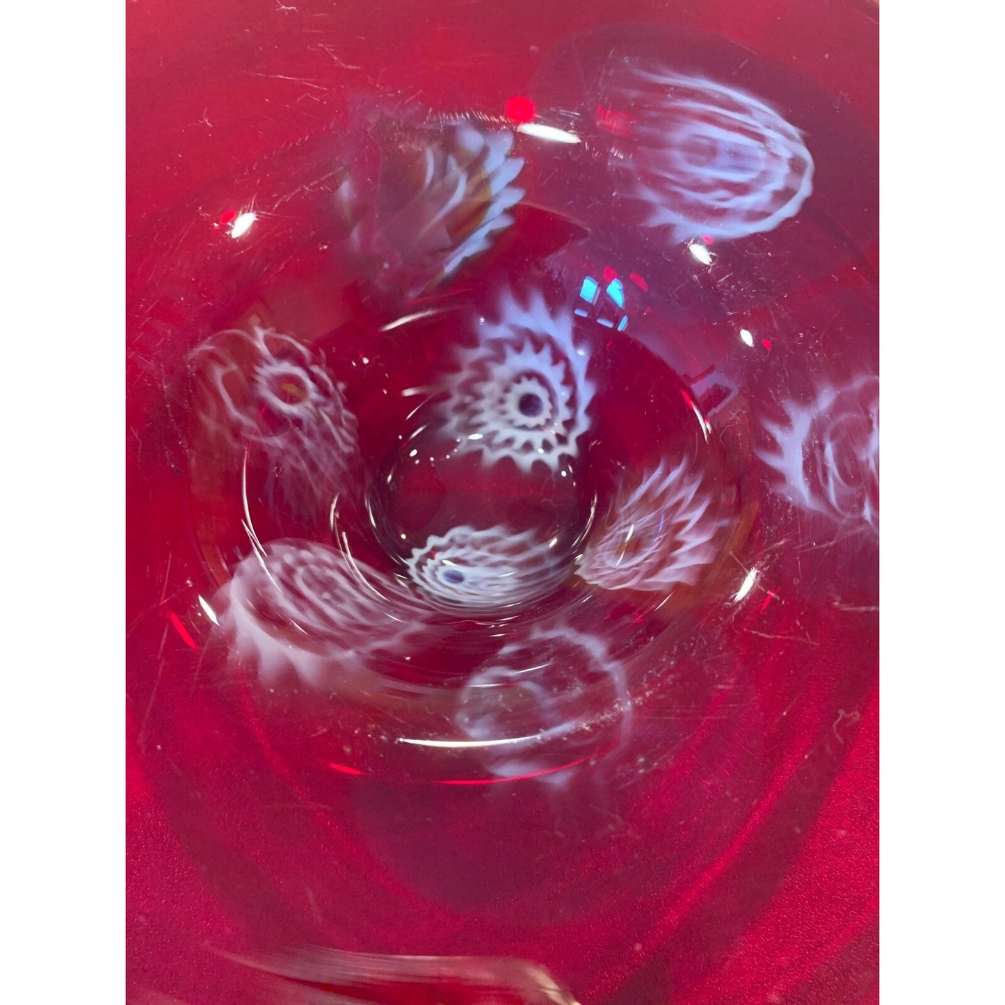 Vintage Murano Art Glass Venetian Murrine Bowl Cherry Red Millefiori Flower
