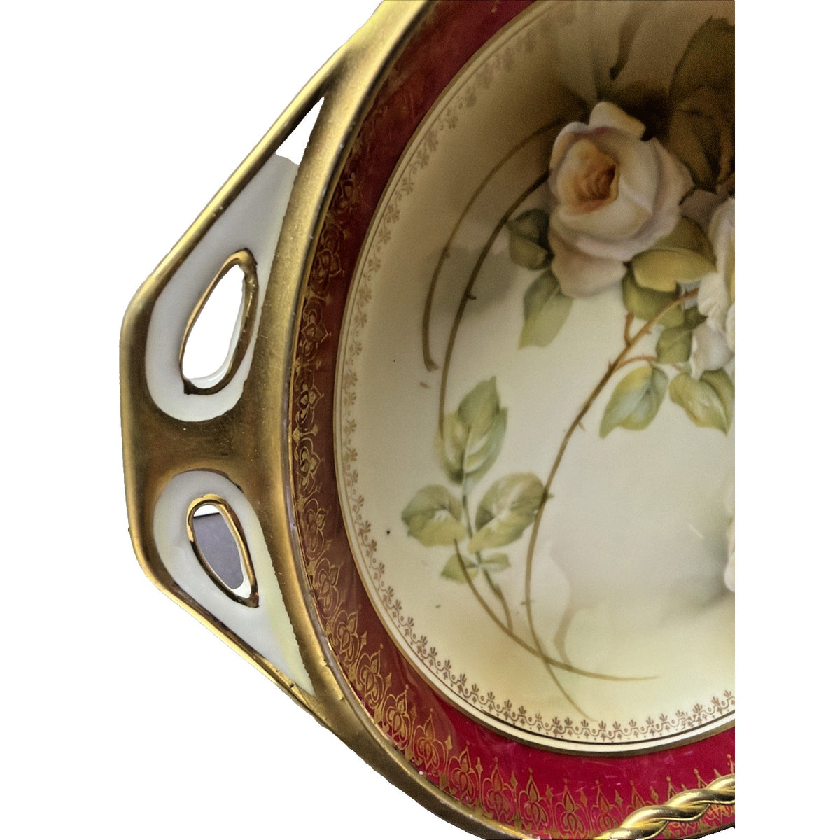 Antique RS Prussia Germany Hand Painted Rose Handle Bowl Platter Ornate Burgundy