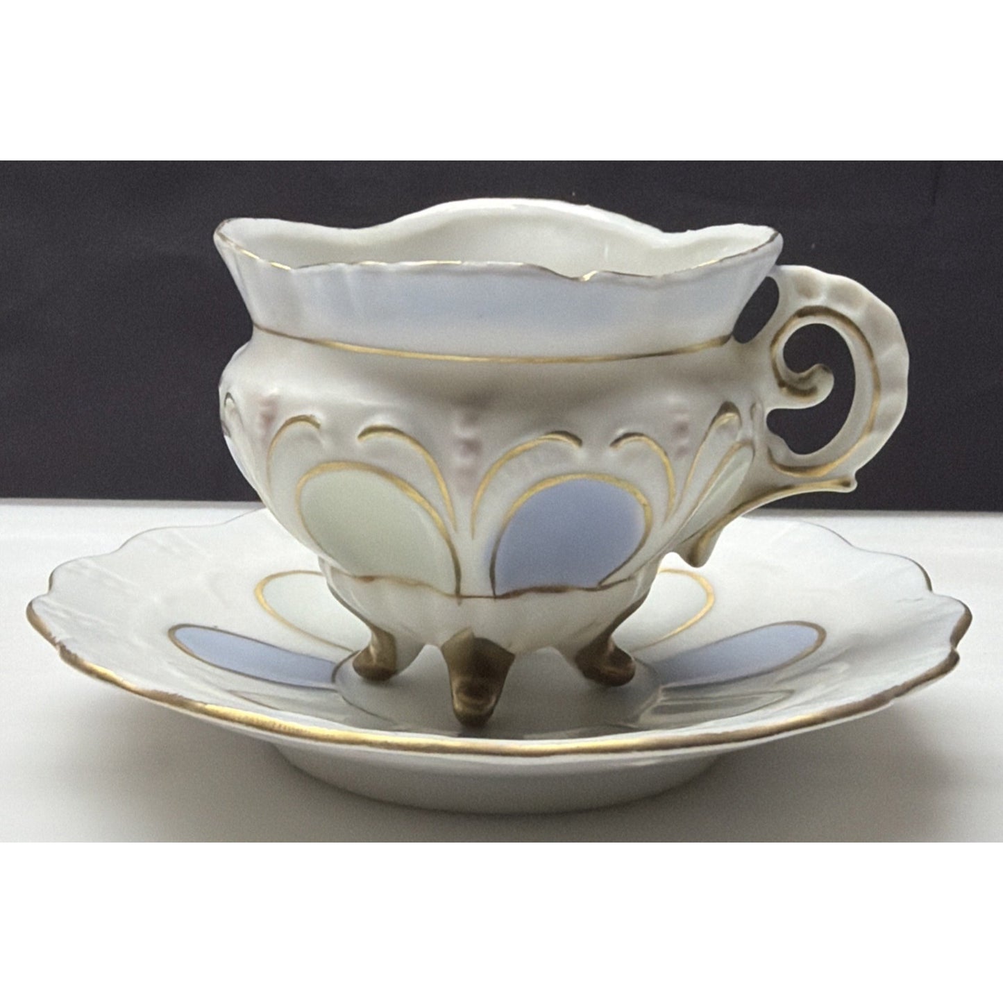 Old Germany Austria Ornate Porcelain Demitasse Cup Saucer Painted Footed Ornate