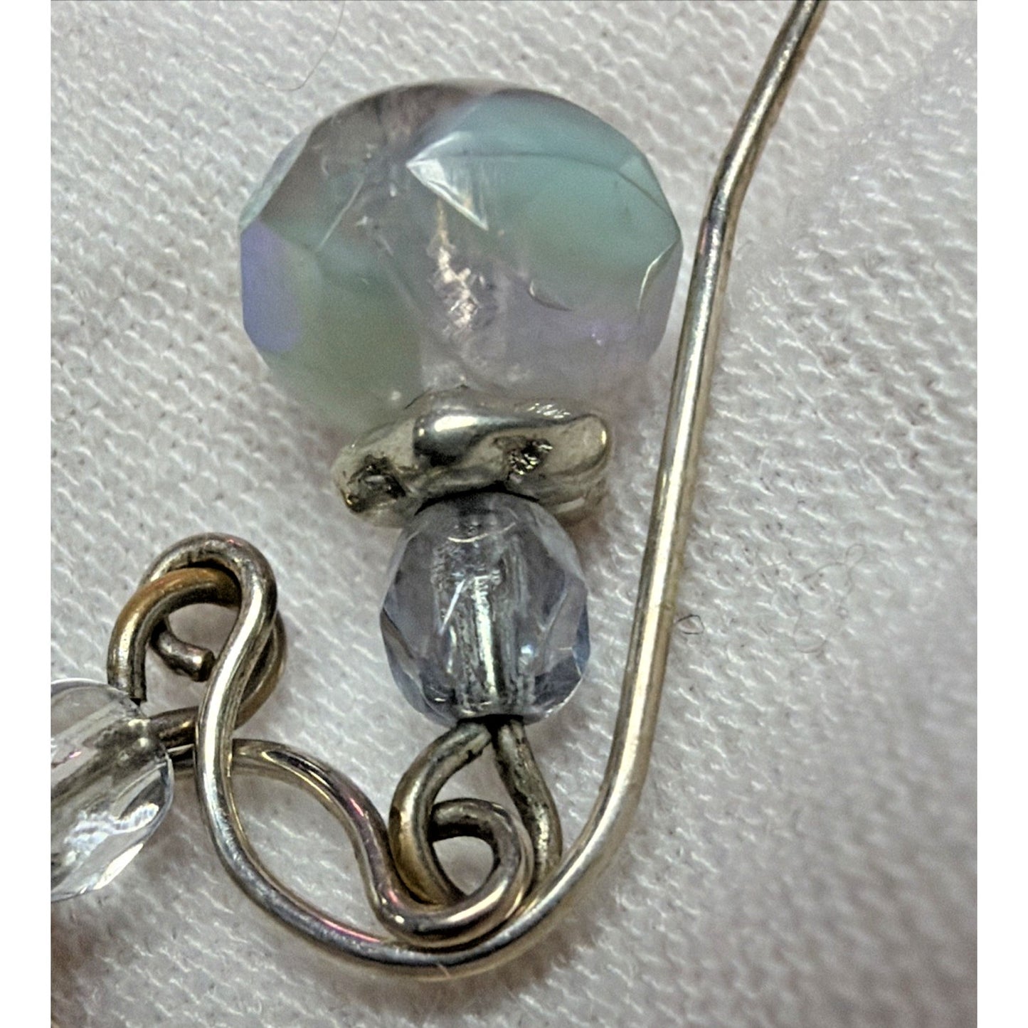 Vintage Sterling Silver Faceted AB Crystal Glass Uranium Dangle Earrings Mottled