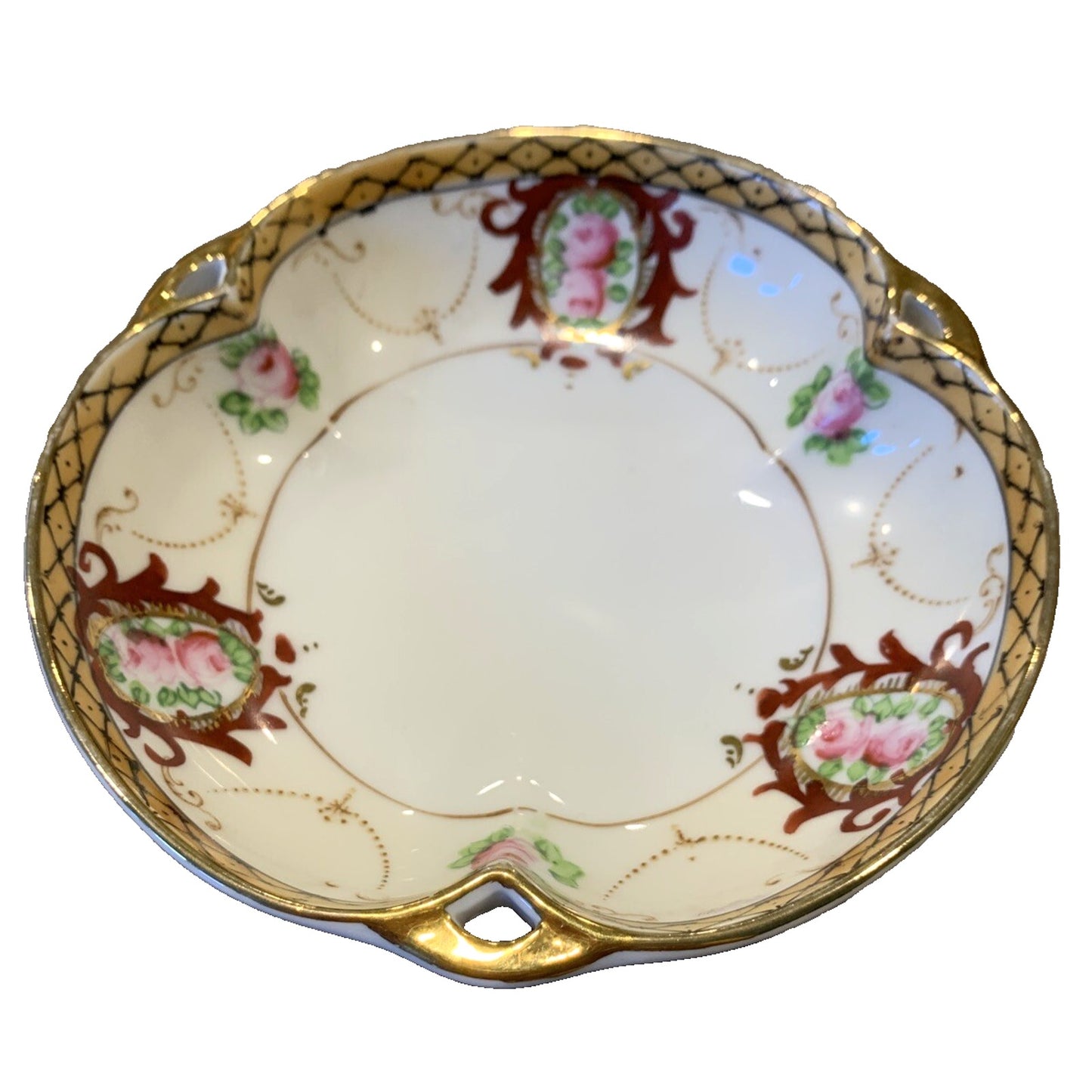 Noritake Morimura Japan Hand Painted Roses Floral Bowl Reticulated Handles Gold