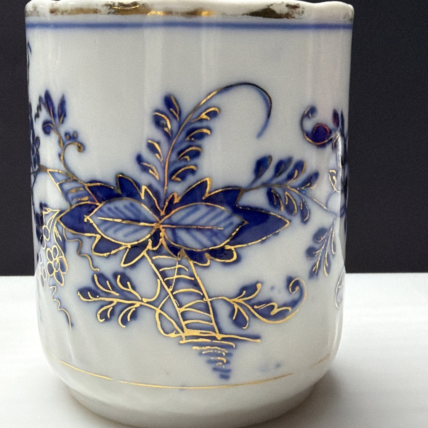 Antique Lot of 4 Flow Blue Hand Painted Blue Onion Ring Mugs Cups C Handle As Is