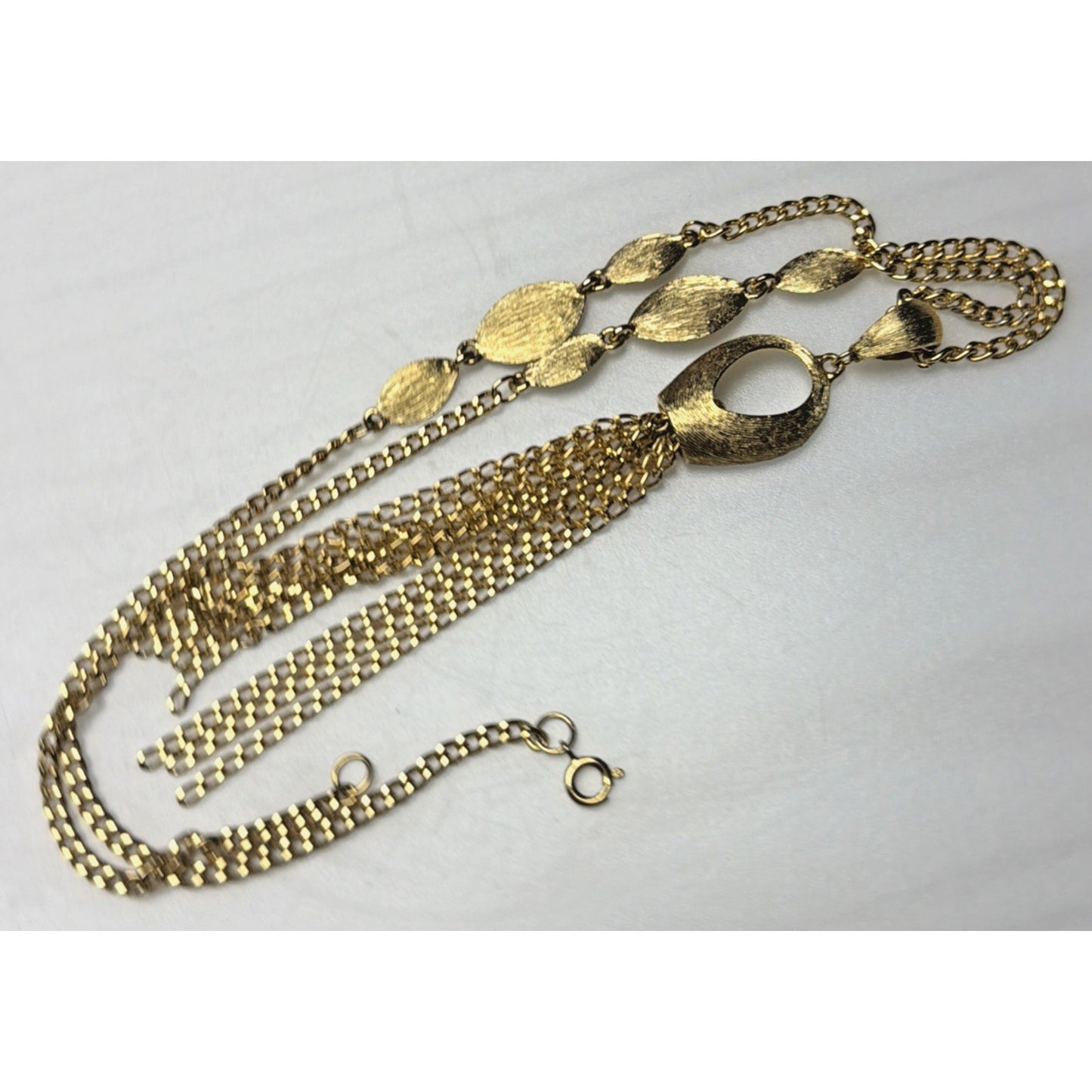 Vintage Gold Tone Brushed Leaf Waterfall Pendant Tassel Necklace