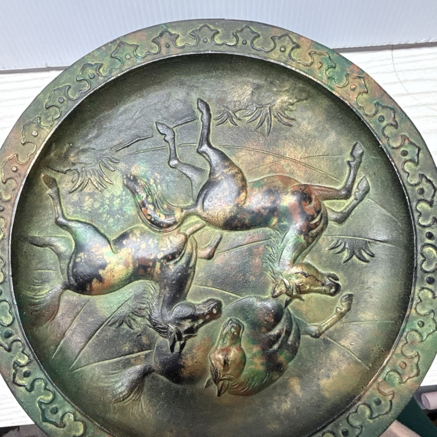 Antique Bradley Hubbard Cast Iron Wall Plaque Plate Wild Horse Stallions Bronze