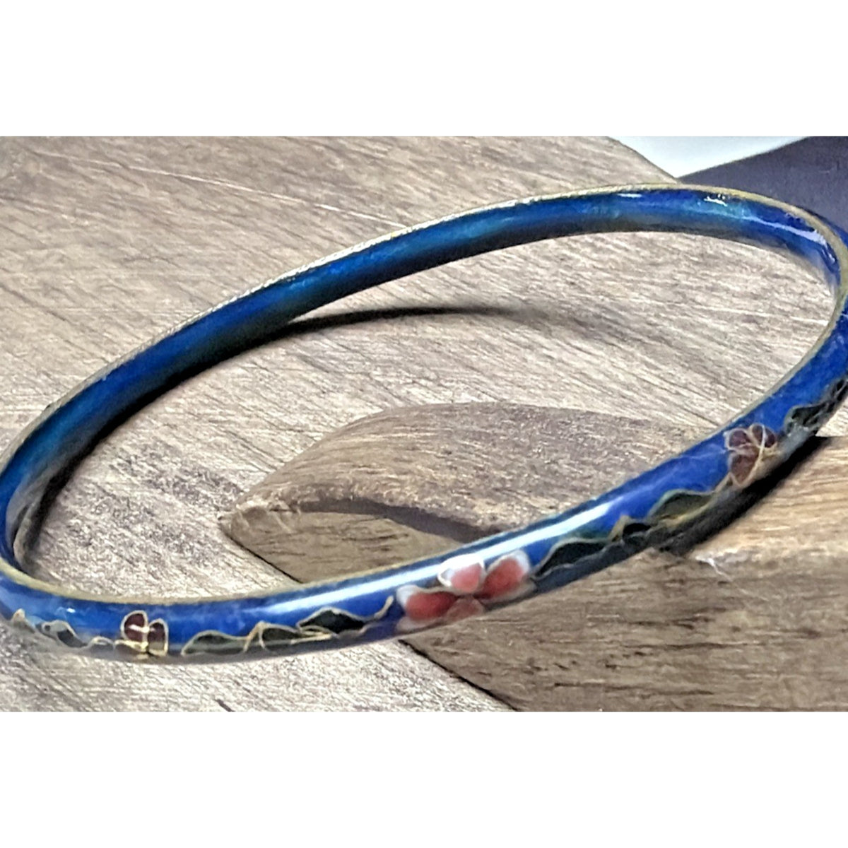 Vintage Chinese Cloisonne Floral Flower Bangle Bracelets Blue Enamel As Is