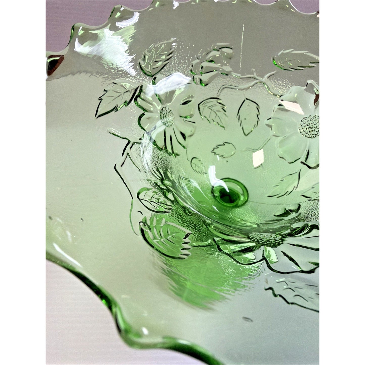 Old Northwood Glass Wild Flower Green Footed Compote Candy Dish