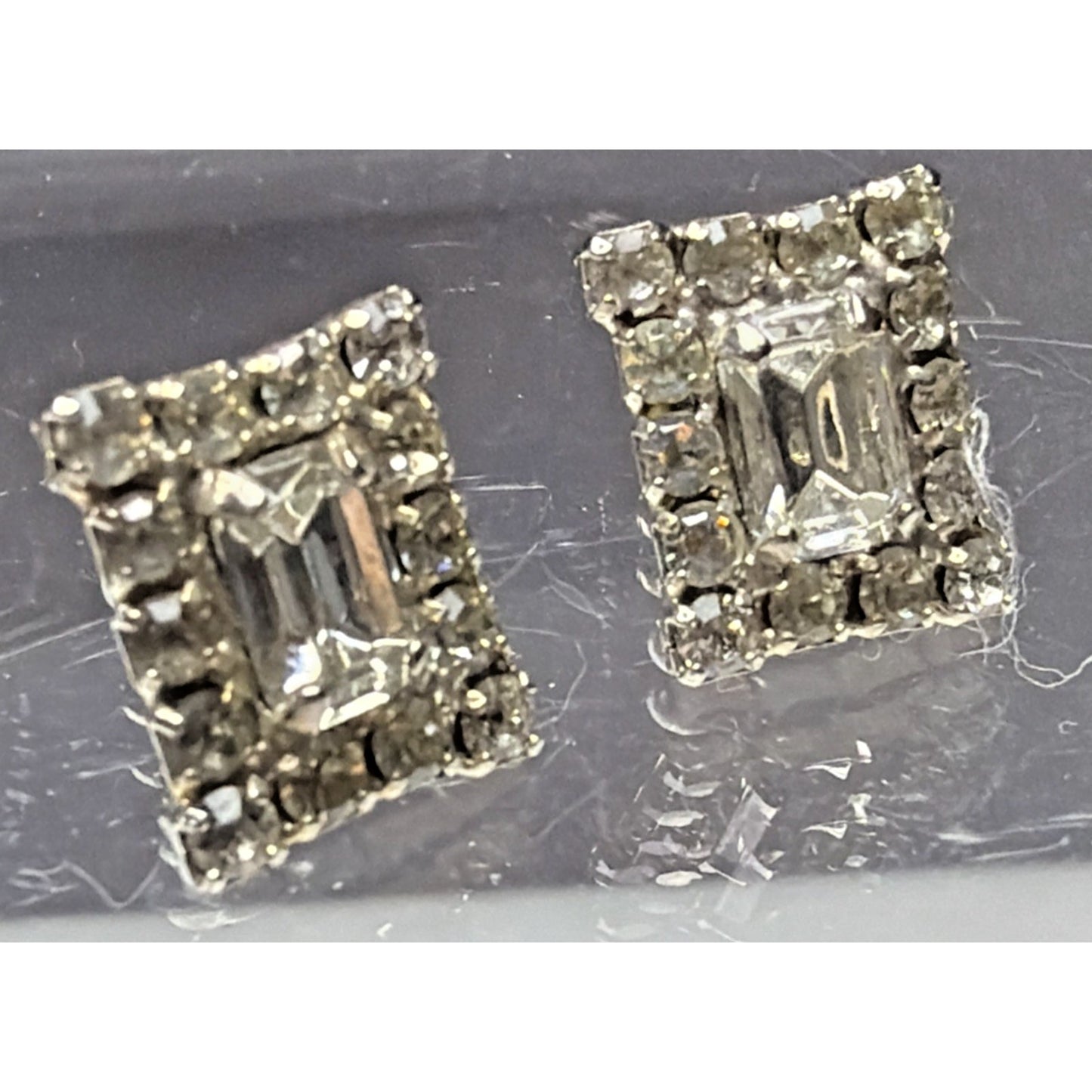 Vintage Emerald Cut Baguette Rhinestone Halo Cluster Pierced Earrings Prong Stud