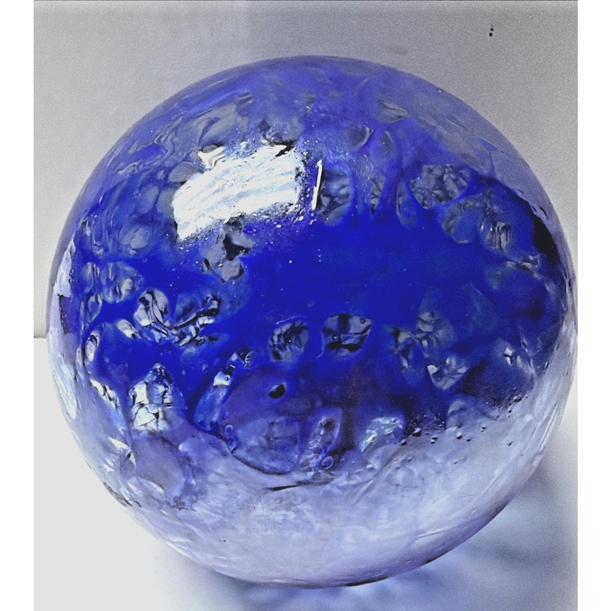 Hand Blown Studio Art Glass Cobalt Blue Iridescent Webbed Ornament Orb Witch Ball