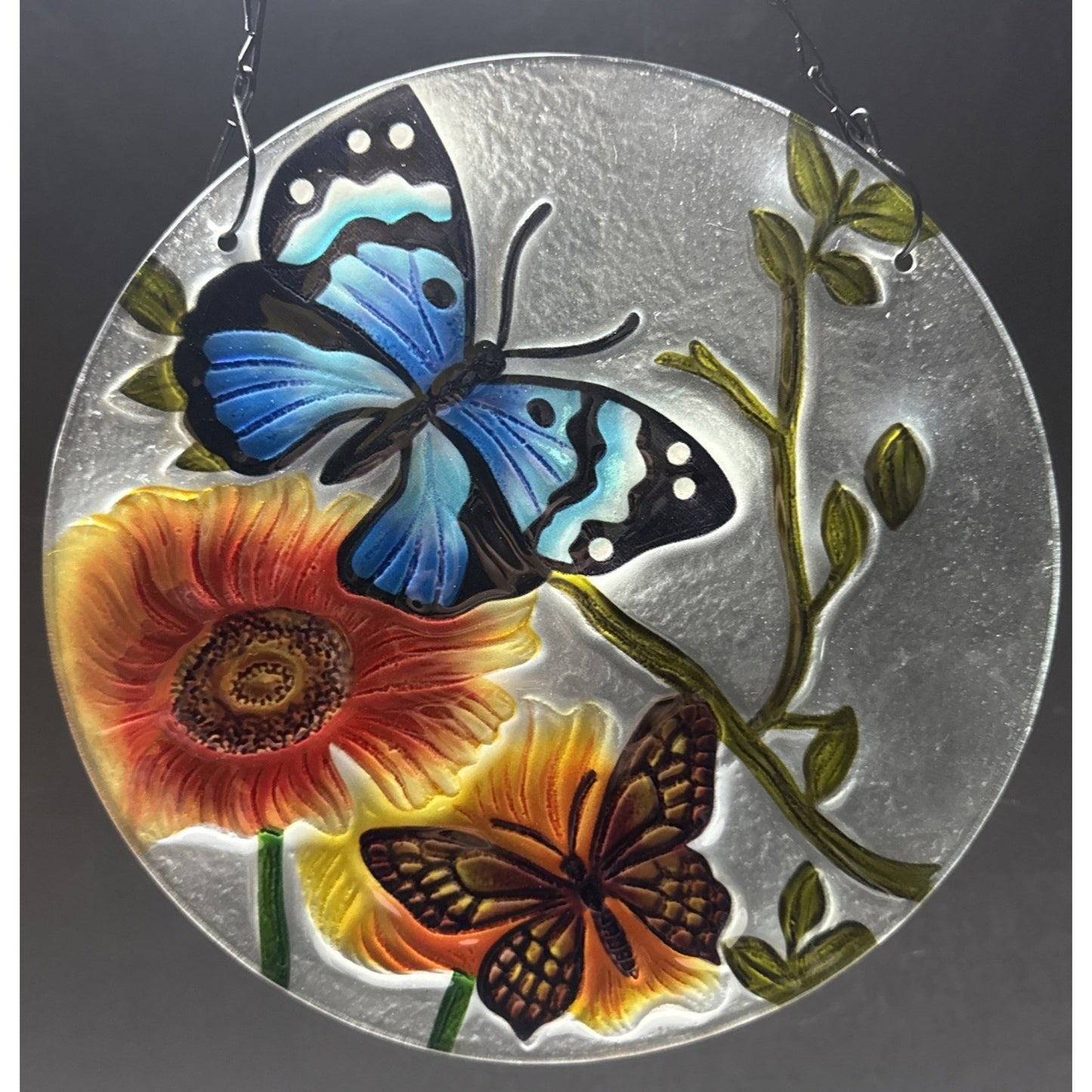 Stained Glass Painted Butterfly Sunflower Suncatcher Rimless Hanging Glass