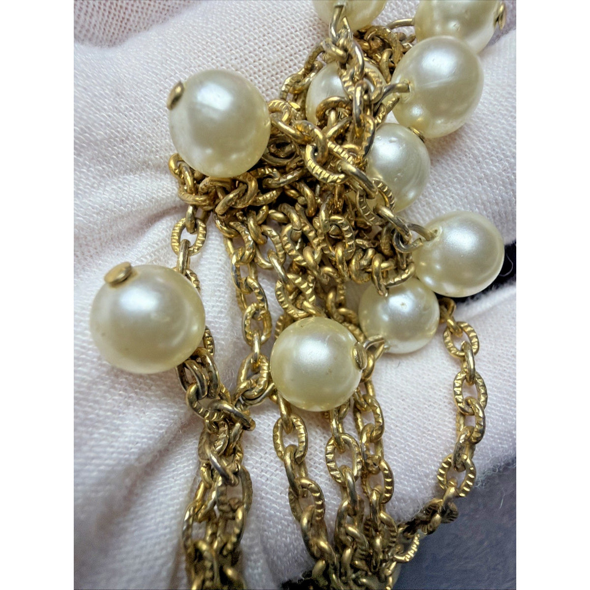 Vintage Tammey Jewels Faux Pearl Drop Necklace Gold Tone Metal Signed Oval Link