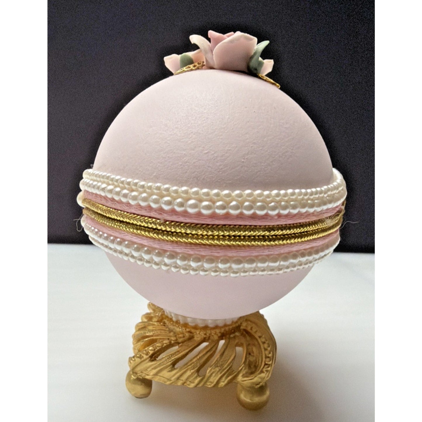 Egg Fantasy Hand Decorated Goose Egg Pink Trinket Jewelry Box Porcelain Flowers