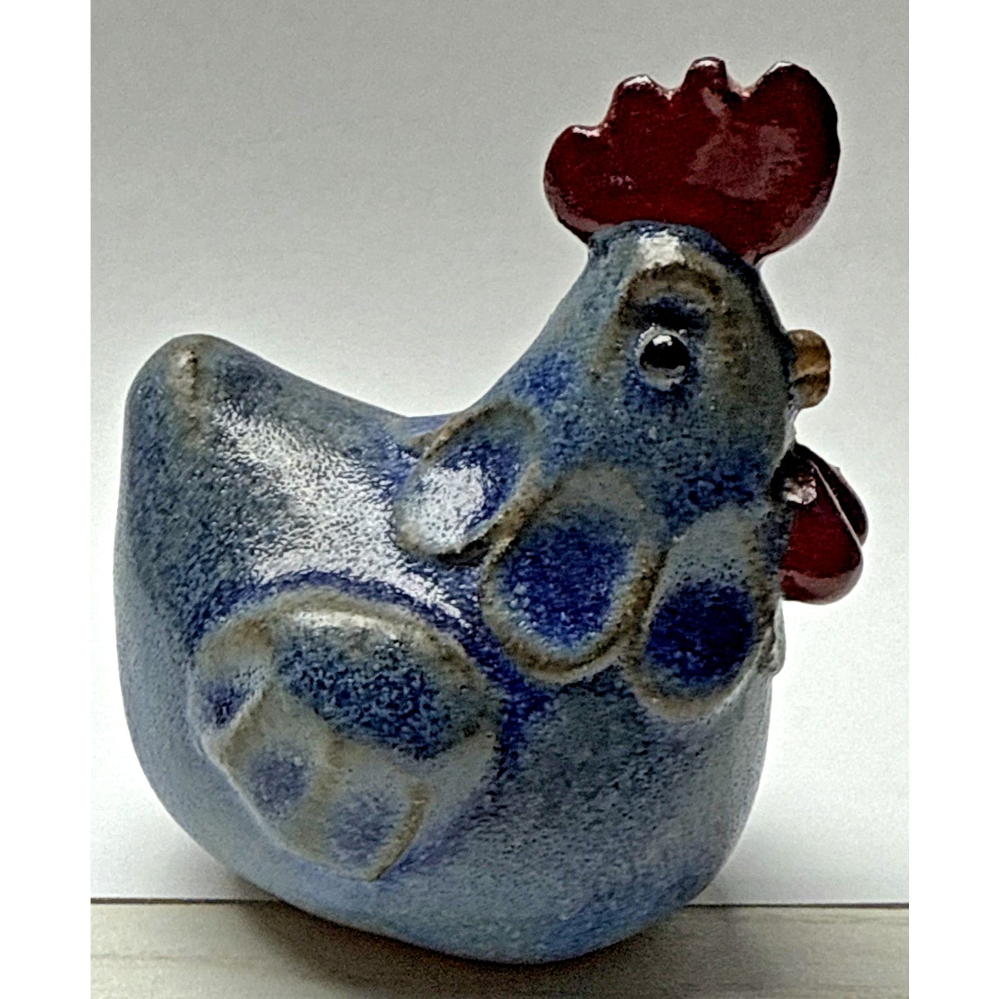 Vintage Folk Art Stoneware Hen Rooster Chicken Figurine Blue Red Glazed