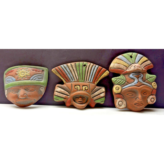 Vintage Lot of 3 Mesoamerican Terracotta Clay Mayan Aztec Warrior Wall Masks