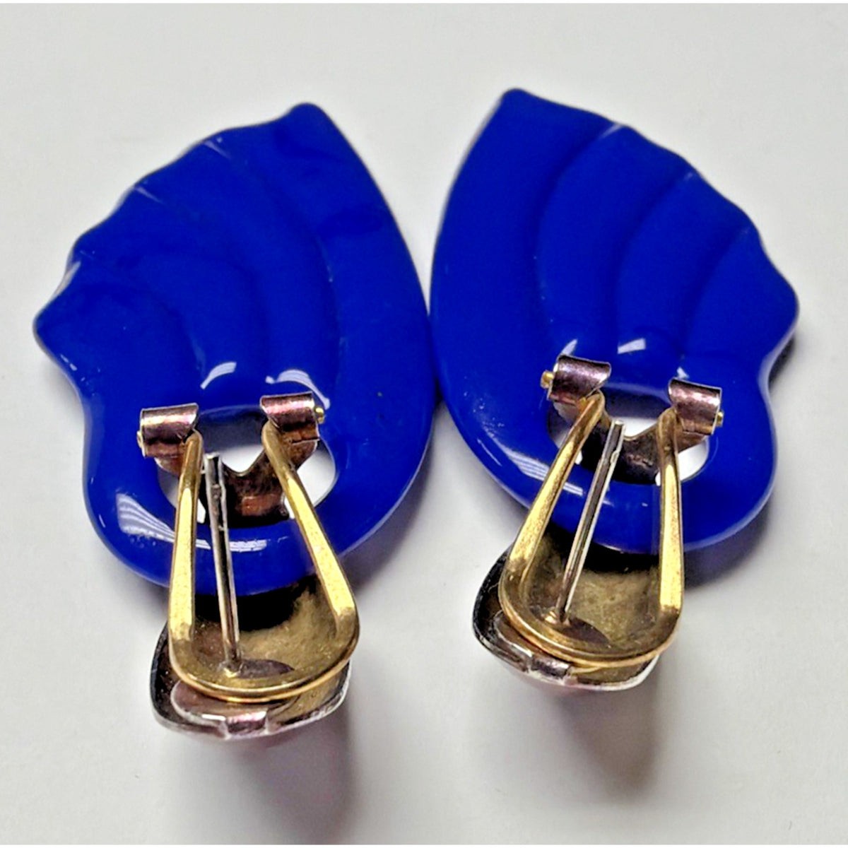 Vintage Cobalt Blue Glass Door Knocker Earrings Fan Wing Chunky As Is No Backs