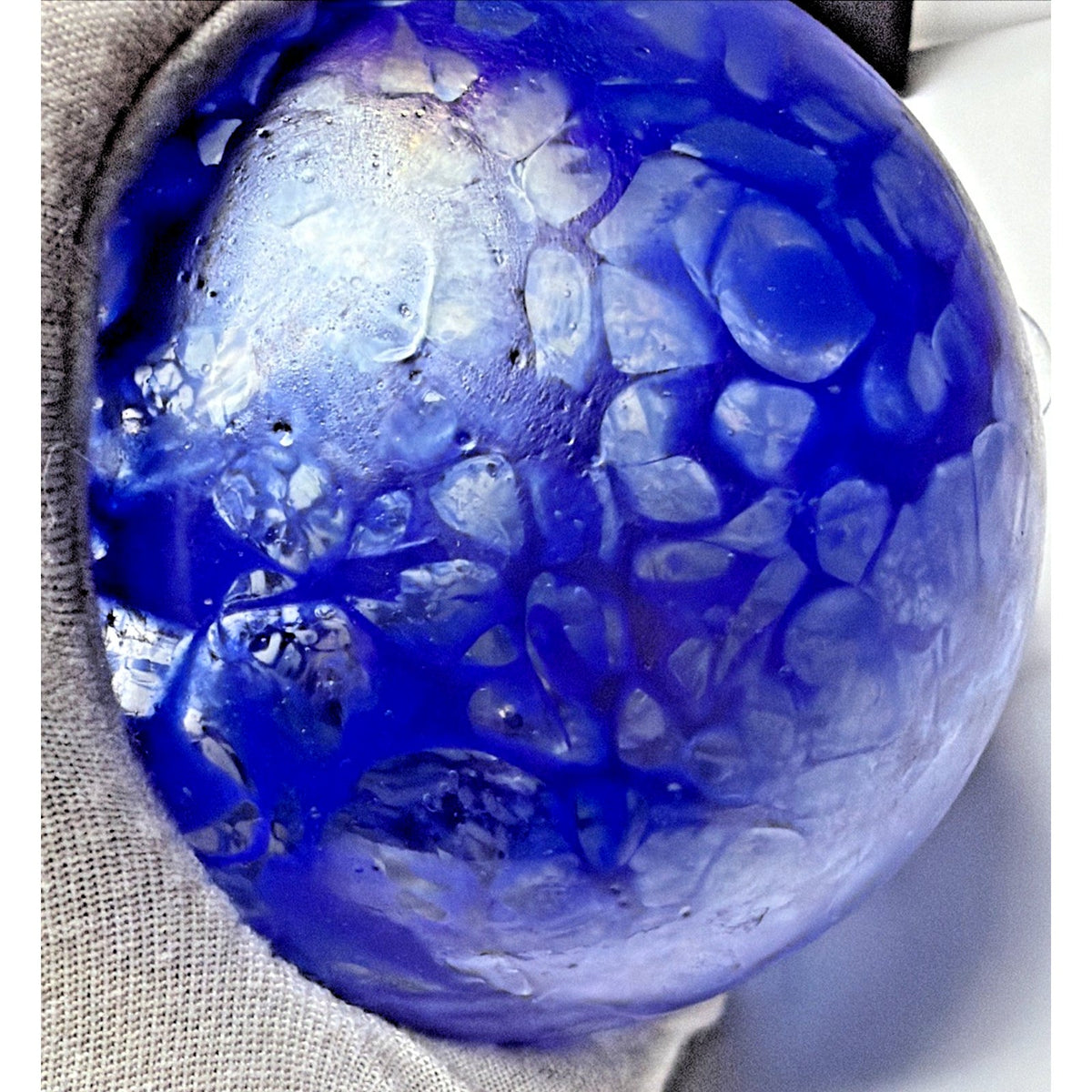 Hand Blown Studio Art Glass Cobalt Blue Iridescent Webbed Ornament Orb Witch Ball