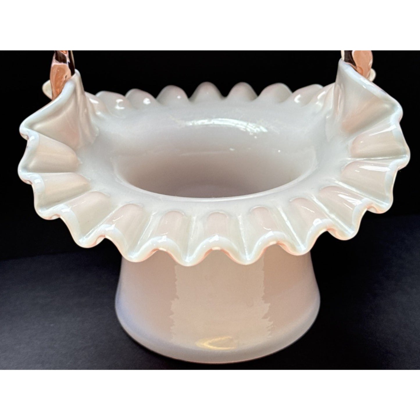 Vtg Fenton Glass Pink Overlay Basket Crimped Bamboo Handle Ruffle Edge As-Is