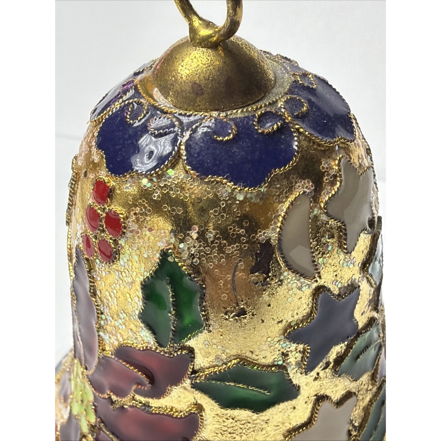 Vintage Enamel Cloisonné Bell Christmas Ornament Holly Berries Poinsettia