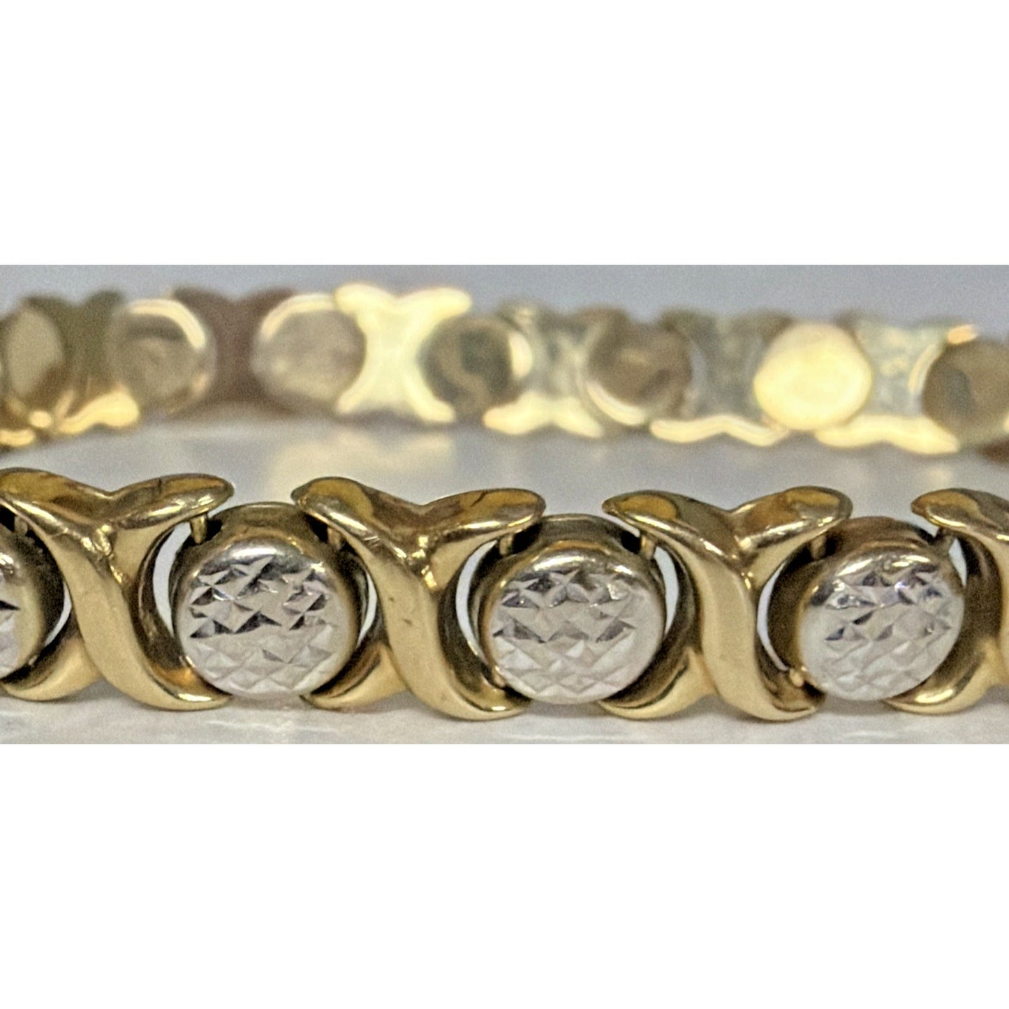14k Yellow White Gold Diamond Cut XO Link Bracelet Stampato Turkey 9.92 grams