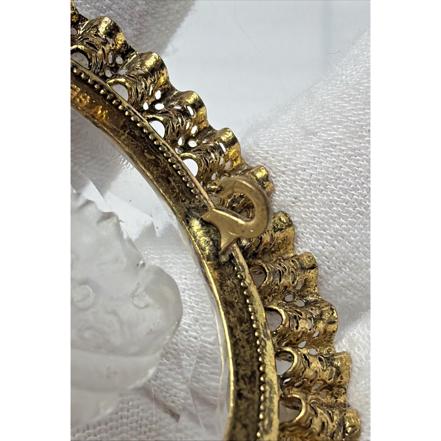 West Germany Intaglio Victorian Cameo Faceted Brooch Filigree Mini Faux Pearls