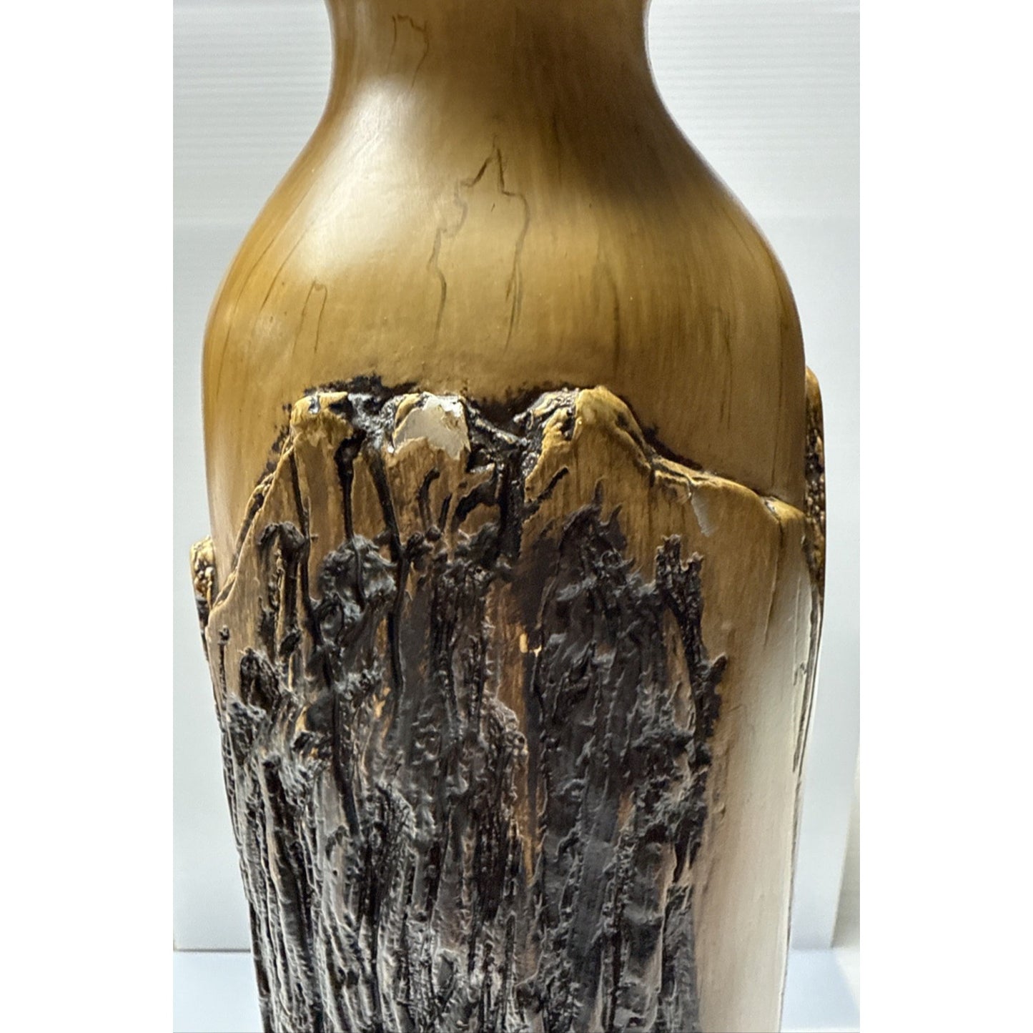 Carolyn Kinder Collection Faux Cypress Wood Urn Vase Pillar Black Pedestal As-Is