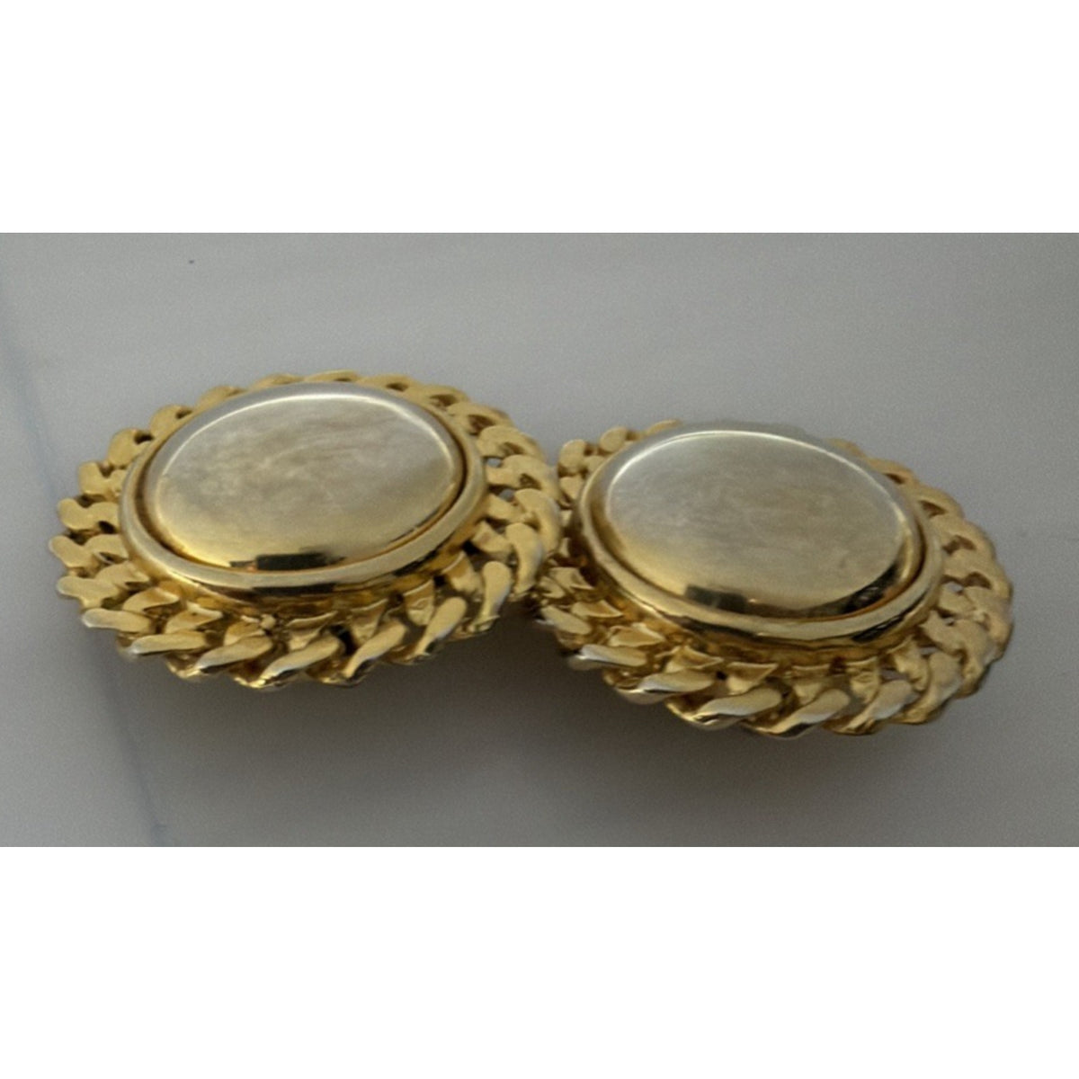 Vintage Button Dome Earrings Gold Tone Round Curb Chain Braided Border Clip On