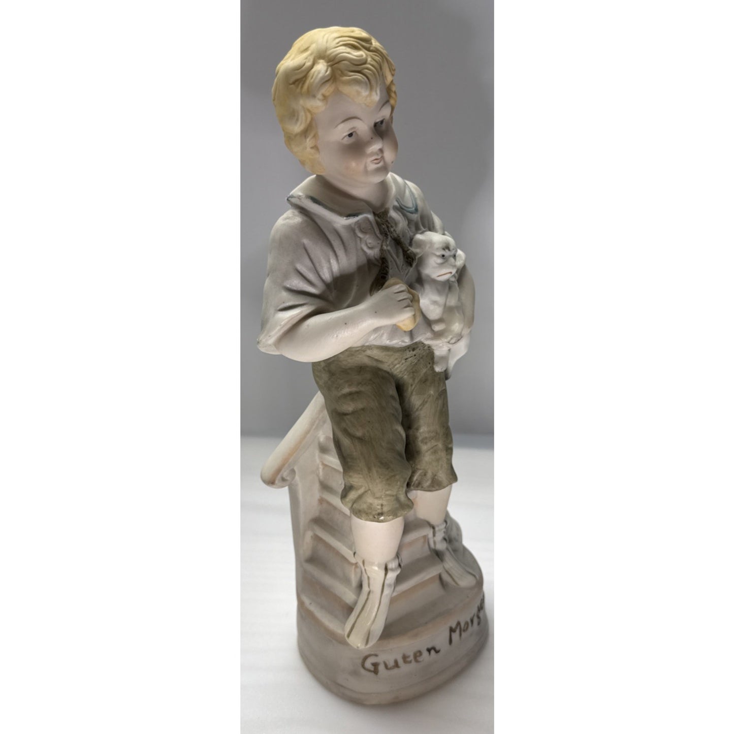 Vtg Pair Germany Bisque Porcelain Figurines Good Night Morning Boy Girl Puppy