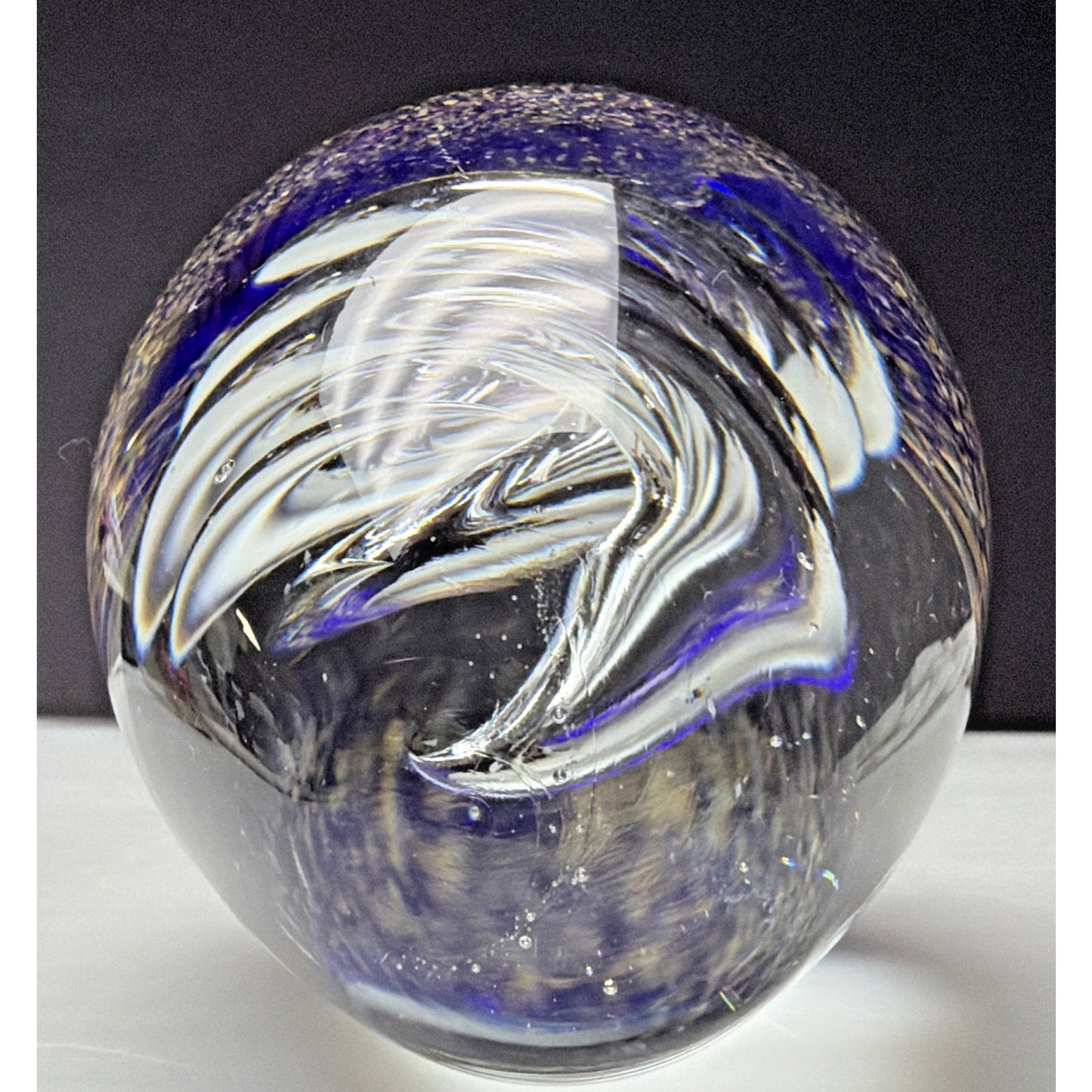 Vtg Large Art Glass Egg Paperweight Spiral Ribbon Cobalt Blue Aventurine Gold