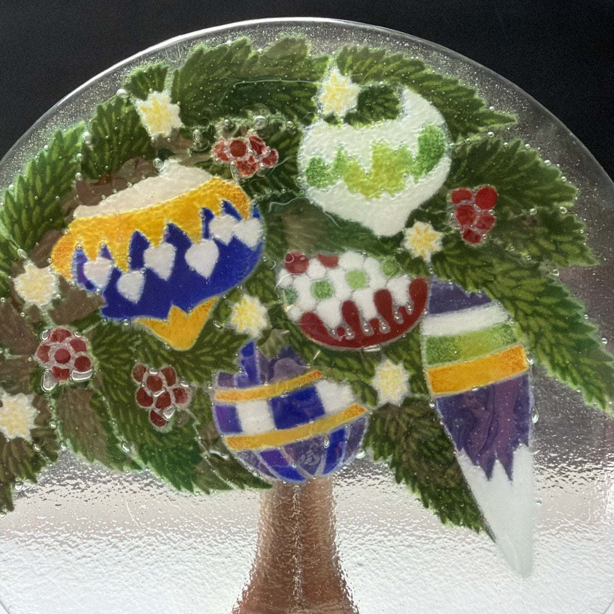 Vintage Peggy Karr Fused Glass Holiday Ornaments Holly Platter Signed