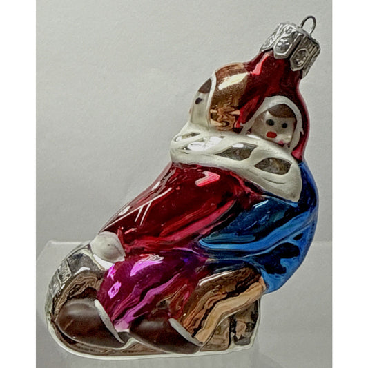 Vtg Blown Mercury Glass Christmas Ornament Figural Children on Sled Hand Painted