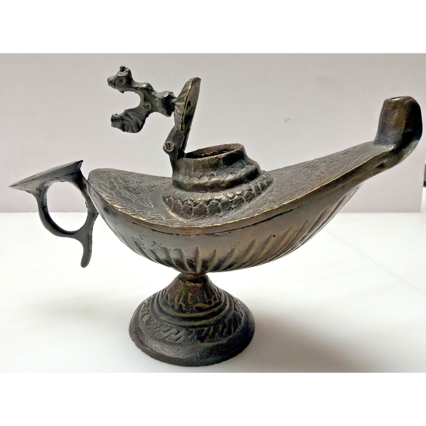 Old Bronze Brass Peacock Bird Engraved Aladdin Lamp Oil Handle As Is Read