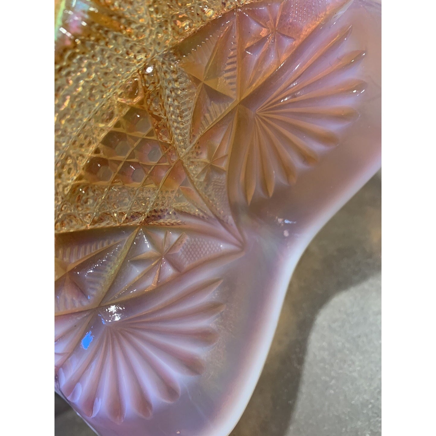 EAGP Dugan Glass Marigold Carnival Peach Opalescent Ski Star Master Bowl As-Is