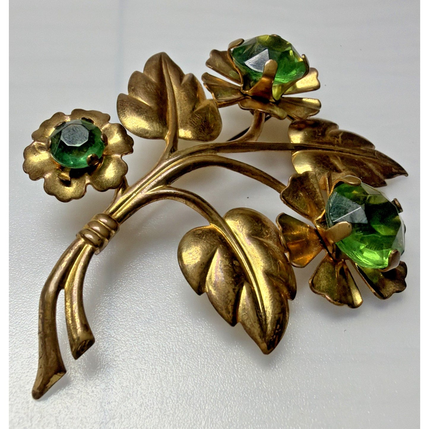 Vintage Large Gold Tone Floral Sprig Spray Brooch Pin Green Rhinestones