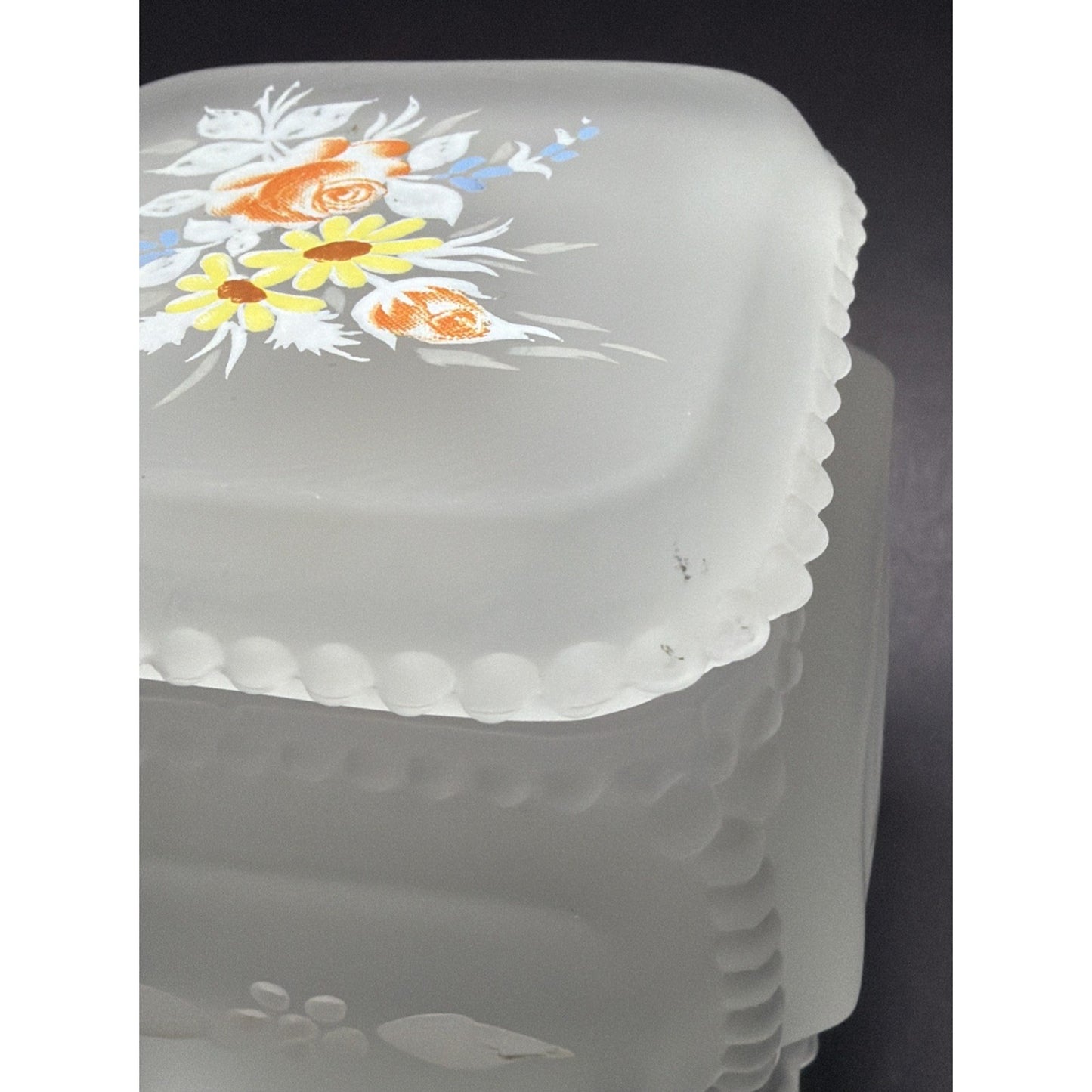 Vtg Westmoreland Frosted Satin Glass Beaded Rim Trinket Vanity Box Hand Painted