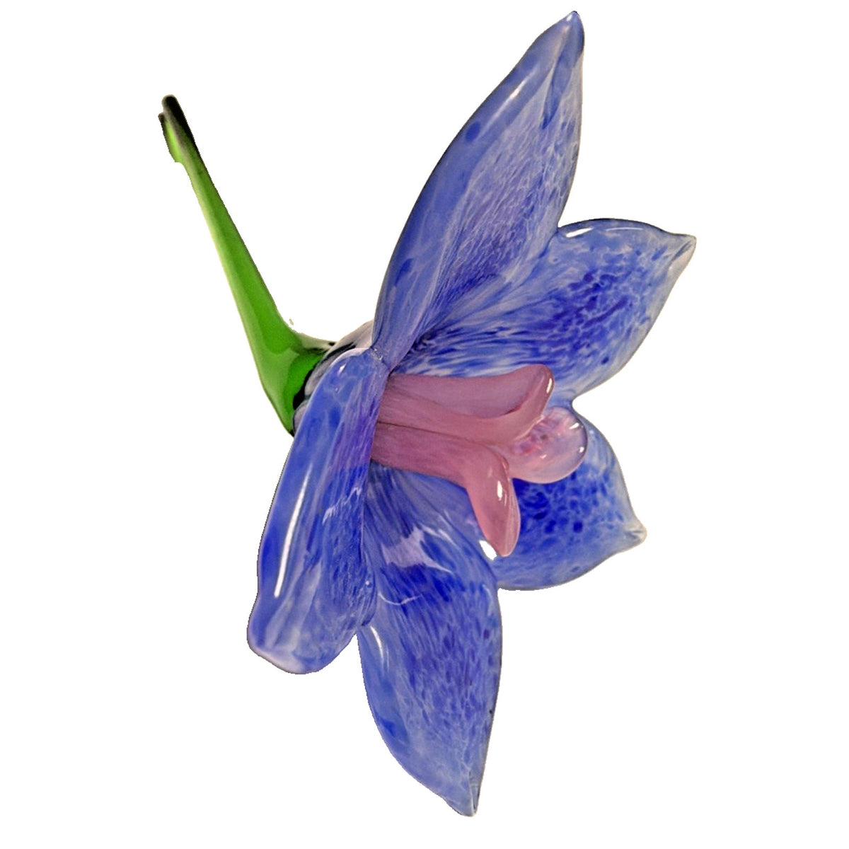 Vtg Hand Blown Art Glass Long Stem Flower Green Stem Blue Mottled Pink Center