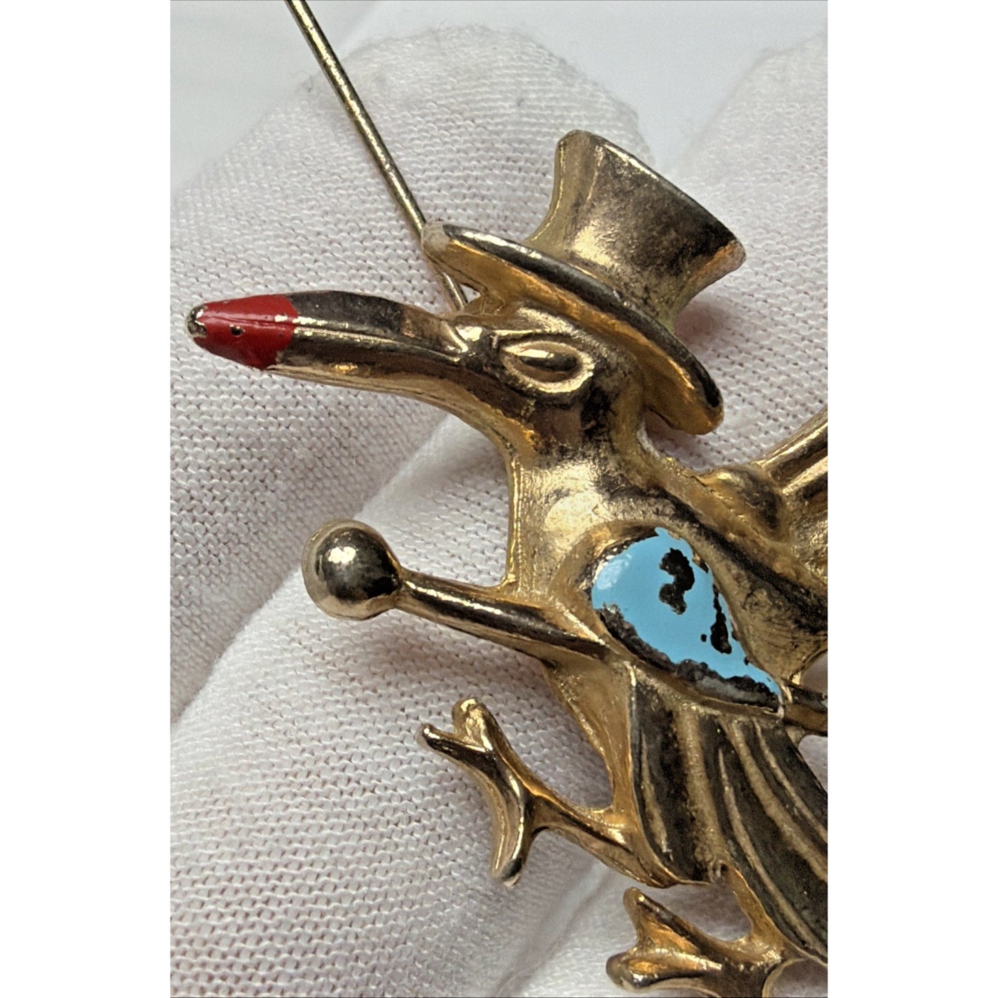 Vintage Roadrunner Natty Bird Pin Brooch Stork Gold Tone Enamel Top Hat Cane