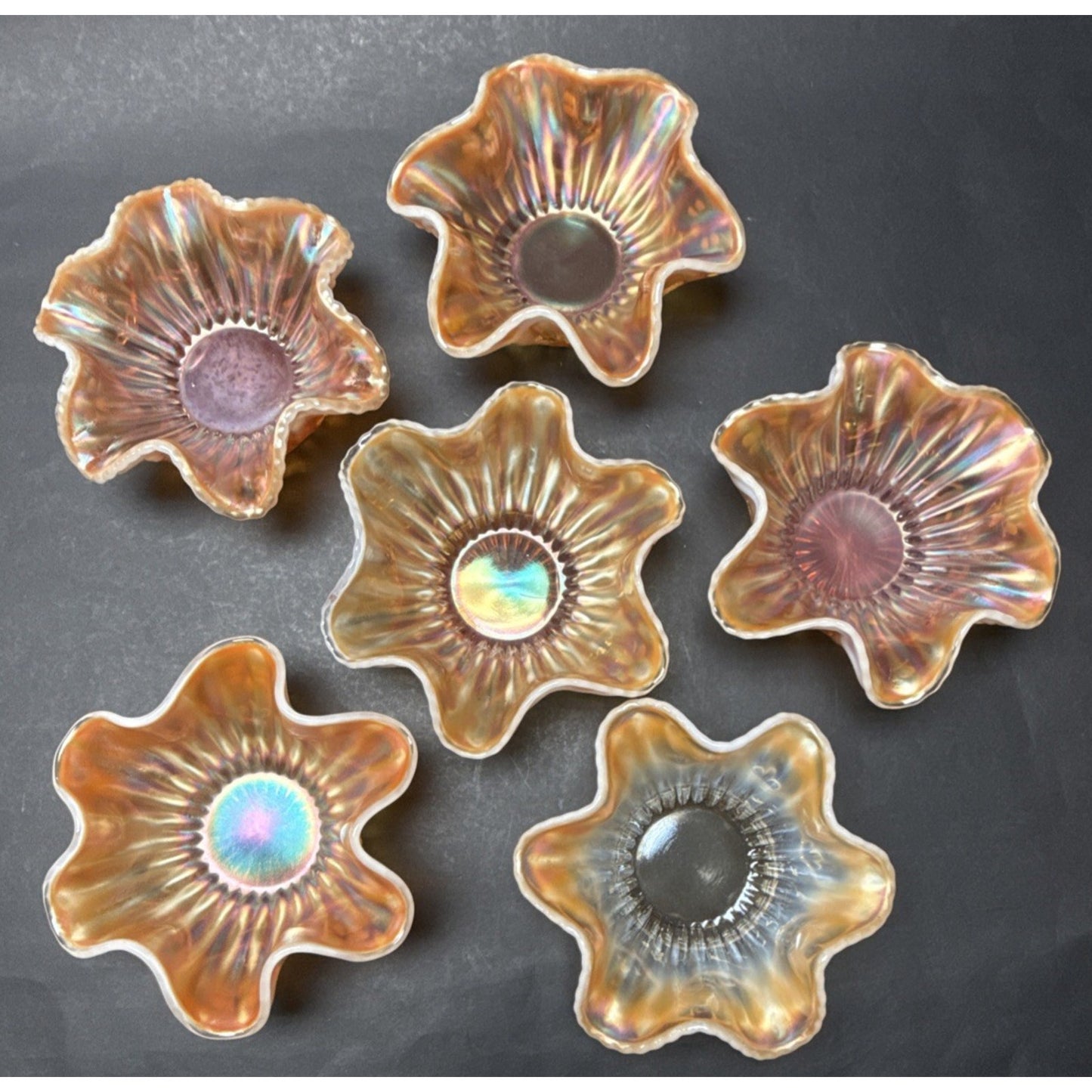 Lot of 7 Dugan Glass Peach Opal Carnival Ray Jewel Heart Master Berry Bowl As-Is