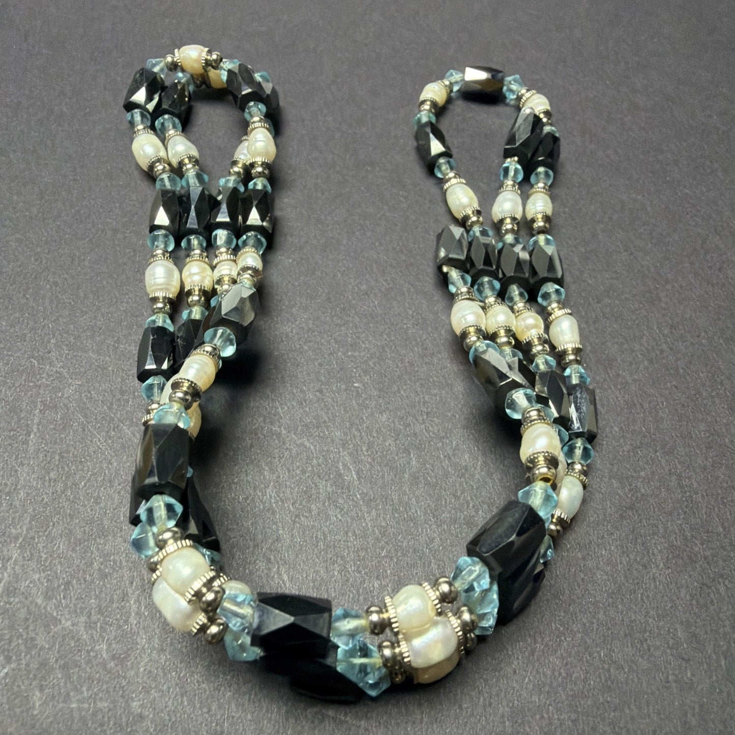 Vintage Layered Beaded Hematite Magnetic Necklace Bracelet Pearl Blue Crystal