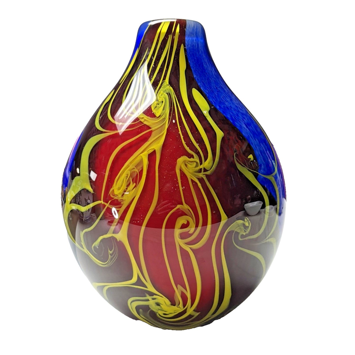 Abstract Cased Art Glass Vase Millefiori Murrine Vase Cobalt Red Yellow Heavy