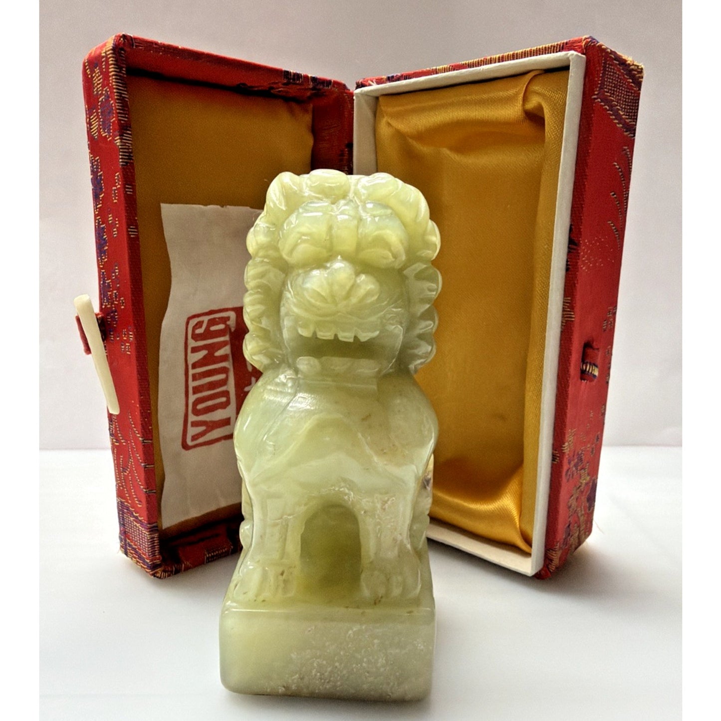 Vintage Carved Green Stone Jade Foo Dog Stamp Seal Box Personalized As Is Read