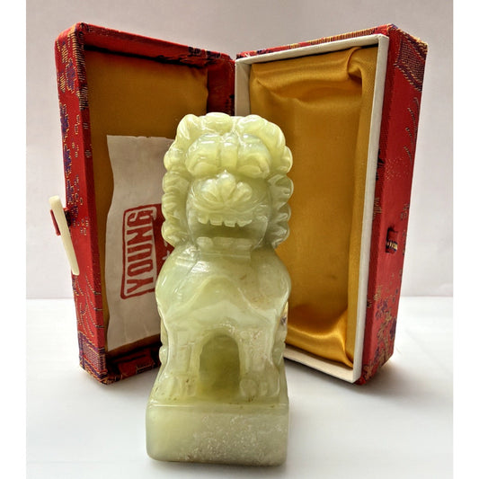 Vintage Carved Green Stone Jade Foo Dog Stamp Seal Box Personalized As Is Read